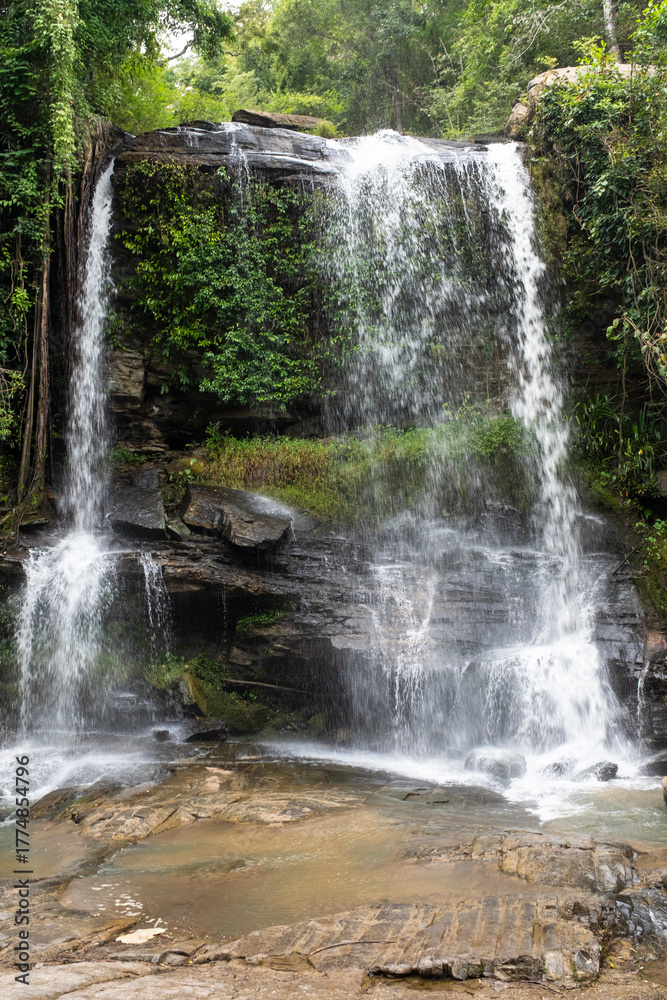 Obraz premium Beautiful waterfall on a green jungle in Chiang Rai national park, Thailand