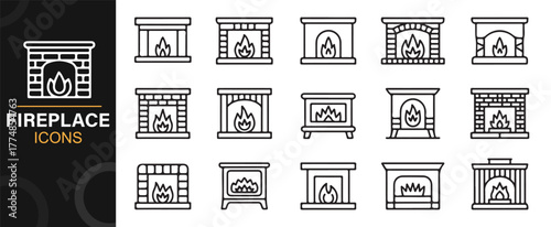 Fireplace icon pack representing warmth, flame, comfort, and decorative home heating elements.
