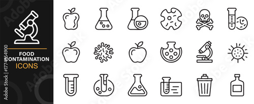 Clean outline vector icons depicting contamination, food analysis, and scientific research tools.