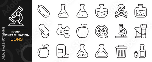 Science research and contamination icon set with apple, flask, microscope, and petri dish.