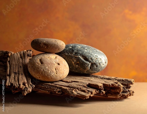 Zen Still Life - Stones and Wood on Earthy Background.