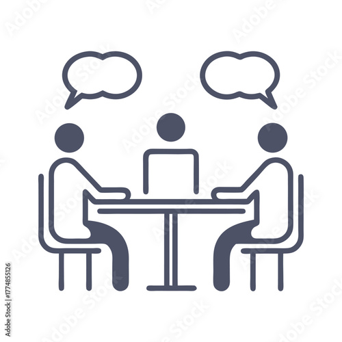 Three people are sitting around a table with speech bubbles above their heads