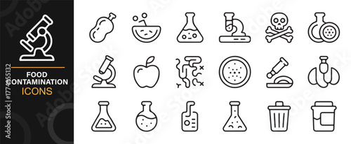 Food contamination linear icon set with laboratory tools, apples, bacteria, and research symbols.