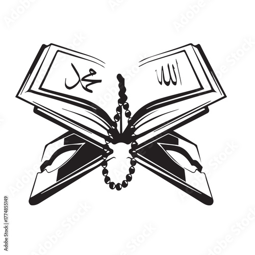 Quran on a wooden stand with prayer beads