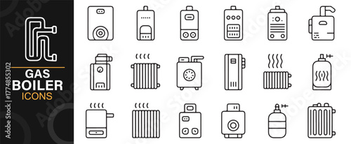 Gas boiler and water heater line illustration collection for energy and temperature systems.
