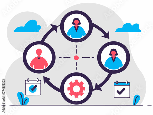 Modern infographic showing teamwork process, circular flowchart style