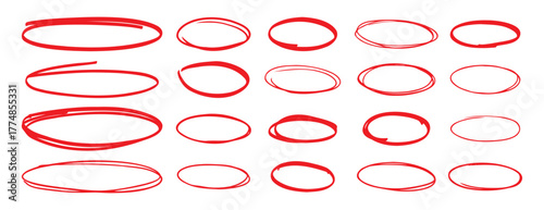 red pen hand drawn doodle marks, red circle and oval stroke set. Outline red drawing line clipart symbol