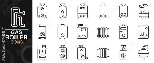 Outline vector icons of gas boilers and radiators for home heating and plumbing concepts.