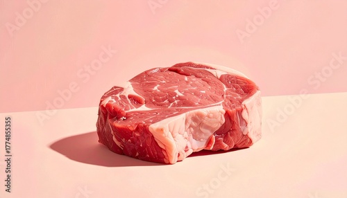 A thick, marbled cut of raw beef rests on a light pink surface with a matching pink background