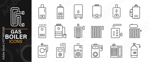 Linear gas boiler icon set showing radiators, water heaters, pipes, and heating systems.
