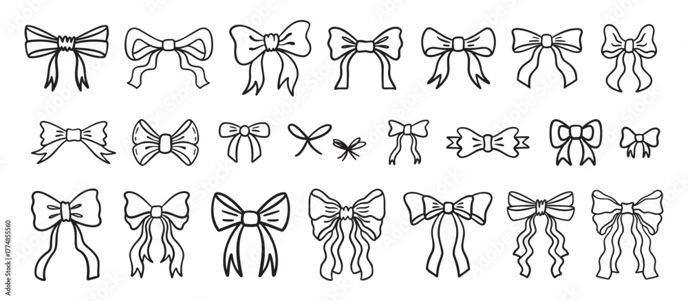 Fototapeta premium Various doodle bows Set. Bow knots, tie ups, gift ribbons, . Hand Bow Gift bows, doodle style. Festive decoration, invitation elements, packaging, wedding design