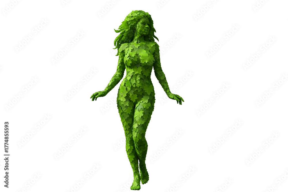 Fototapeta premium Silhouette of a woman made of green leaves isolated on transparent background