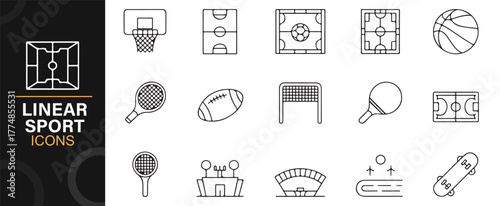 Sports field and equipment linear icons collection for athletic and leisure activities.