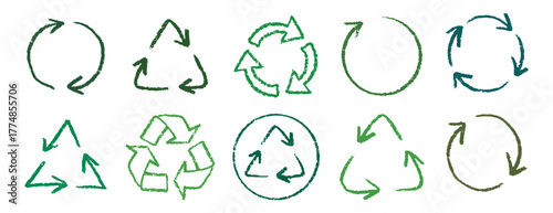Recycle arrow hand drawn pencil line icon set. Crayon green recycle arrow chalk Icon Vector drawing