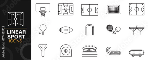 Linear sport icon collection showing fields, courts, balls, stadiums, and athletic symbols.