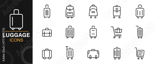 Line icon pack representing travel luggage, tourism, and transportation equipment.