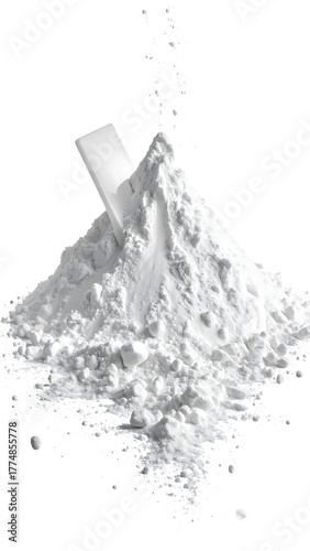 Pile of White Powder with Spoon on White Background.