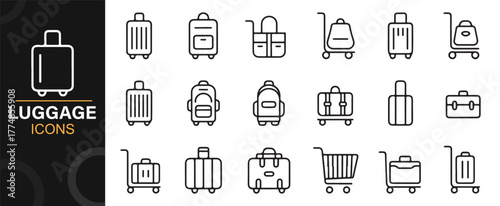 Minimalist travel luggage icon collection for airport, baggage, and tourism themes.