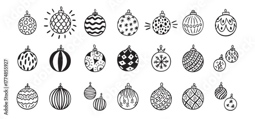 Hand drawn doodle Christmas ball set. Christmas balls isolated. Vector drawing icons, balls for Christmas tree