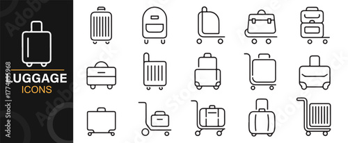 Linear luggage icon set showing suitcases, travel bags, and airport carts in vector outline style.