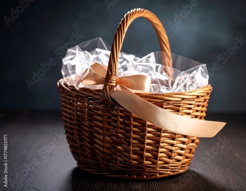 Charming Gift Basket with Ribbon and Wrapped Treats.