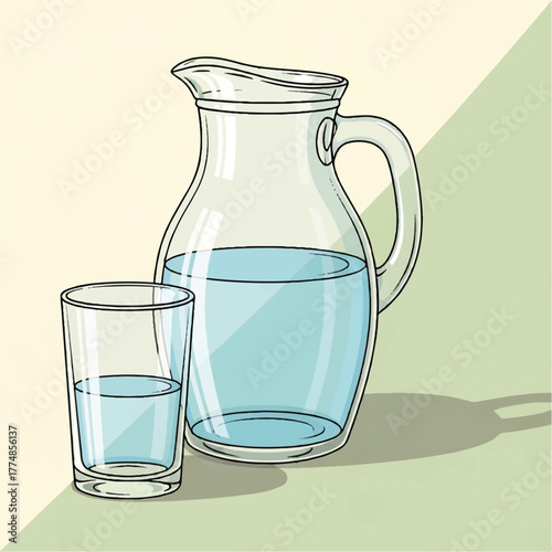 An illustration of a clear glass pitcher and a drinking glass filled with fresh, clean water for hydration