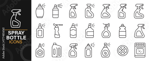 Outline vector collection of spray bottles for cleaning, washing, and sanitizing concepts.