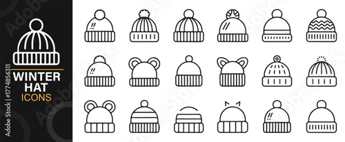 Winter clothing line icon collection featuring caps, pom-poms, and woolen designs.