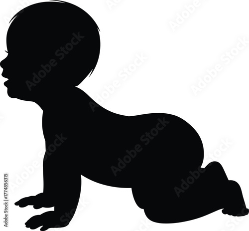 Black silhouette of crawling baby on white background, cute infant child vector design for family, parenting, childhood, nursery, and love concept illustration