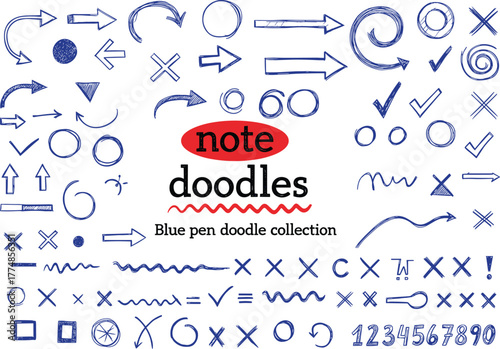 Blue pen doodle collection with hand drawn arrows, circles, check marks, and symbols, creative sketch elements for notes and design, illustration