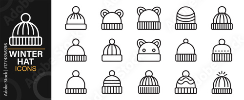 Minimalist line art of winter beanies and fashion headwear icons for clothing illustration.