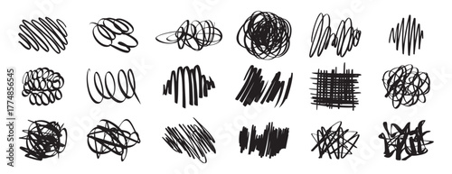  black pen Hand drawn Doodle scrawl. Simple grunge freehand shape. Ink pen scrawl collection - various scribble line drawings. Sketchy elements tangled lines.