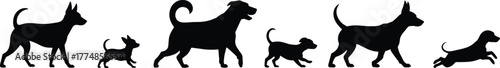 Dog silhouette set, different breeds in motion, walking and running pets illustration, animal design concept, domestic dog collection artwork