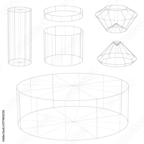A set of geometric, skeletal, abstract figures on a white background, vector. Linear 3D drawing of cylindrical shapes, vector.