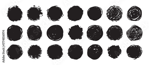 Round grunge scratch and textured ink brush strokes set. isolated vector black Collection. Dirty expressive hand drawn inky stains and blobs