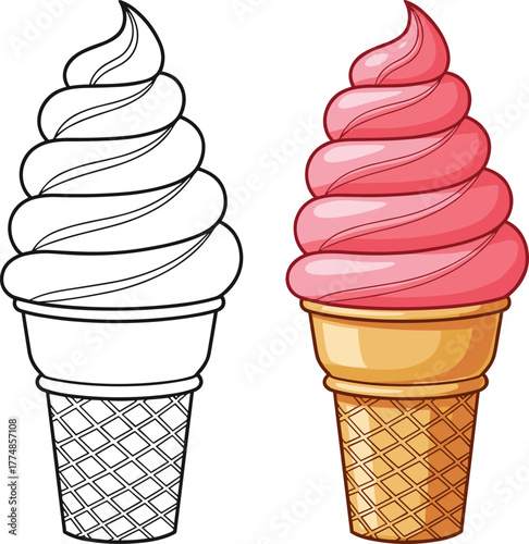 Ice cream cone illustration with waffle pattern and pink swirl scoop, vector drawing, dessert art, summer sweet treat coloring page