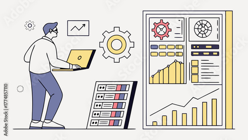 Man analyzing data on laptop with charts graphs and gears representing business analytics and strategy
