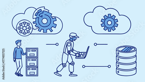 Robot and human collaborate on cloud computing tasks with data storage and gears representing processing