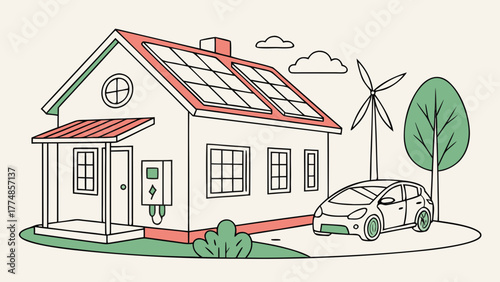 Modern home with solar panels electric car charging station and wind turbine representing sustainable energy and eco friendly living