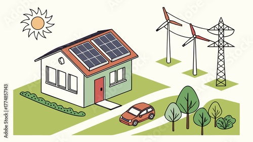 Sustainable energy sources power a modern home with solar panels and wind turbines providing clean electricity