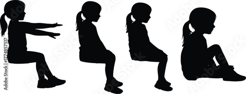 Silhouette of little girl sitting in different poses, child illustration concept, childhood emotions, education, learning and behavior design art