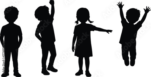 Silhouette of happy children playing, jumping, standing and dancing together, isolated on white background, joyful kids activity, childhood fun, happiness concept