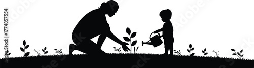 Silhouette of mother and child gardening together, planting and watering young plants on grass field, family love, nature, eco lifestyle