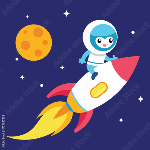 Adorable Cute Astronaut Riding A Rocket Towards The Moon In Space Vector illustration