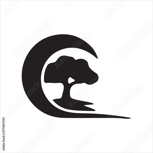 Tree and Moon Silhouette Scene – Nature Landscape Vector Logo Design