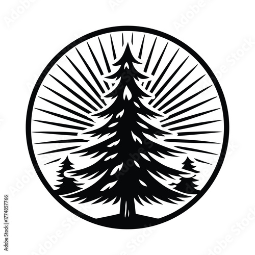 Monochromatic evergreen tree silhouette is framed by sunburst design within a circular border