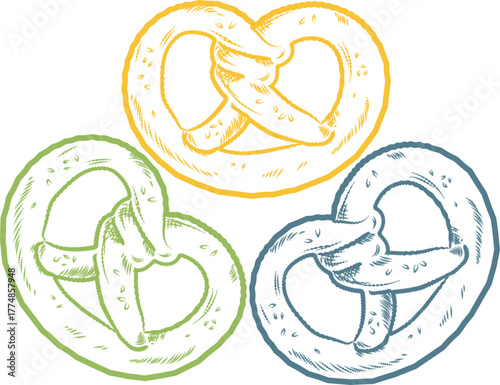 Colorful Hand-Drawn Pretzel Illustration. Pretzel vector trio. Vintage Snack Art Design with Rustic Bakery Aesthetic and Retro Food Sketch Style