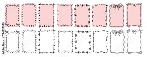 hand drawn doodle pink cute borders for wedding invitation with bows, quirky trendy whimsical frames for girl birthday, wavy borders. Empty cute line frames
