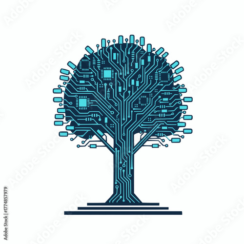 Stylized circuit board tree with blue lines and components on white background
