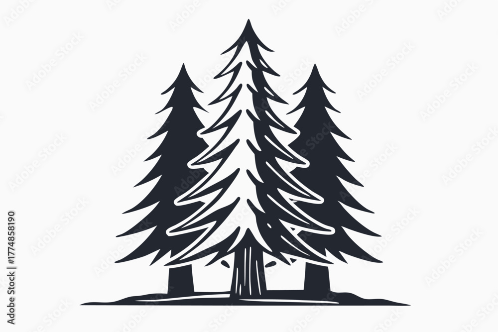 Fototapeta premium Three towering evergreen trees cast a tranquil silhouette against a plain, light colored backdrop